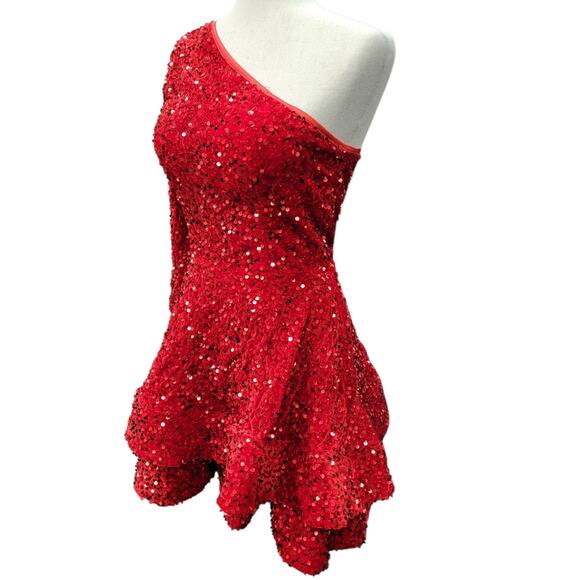 NWT Bright Red Size 2 Asymmetric One Long Sleeve Short Sequin Dress - Picture 6 of 13